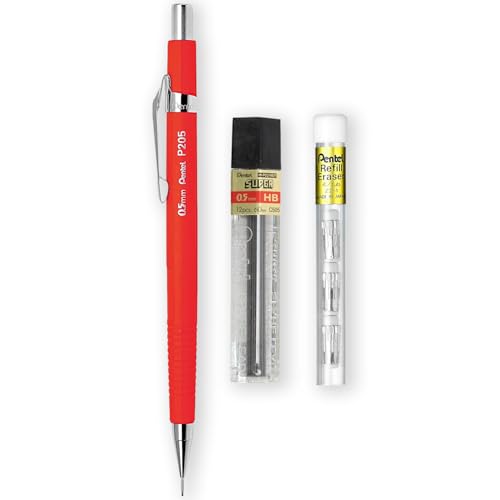 Pentel P205-97C Mechanical Automatic Pencil - Fluorescent Range - Single + 12 Hi-Polymer HB 0.5mm Refill Leads + Z2-1N Eraser Refills Tube of 4 (Fluorescent Red) - color: Fluorescent Red