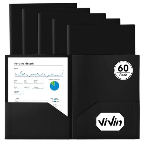 ViVin 60-Pack Black Plastic Folders with Pockets, 8.5 x 11 Inch Letter Size, Modern Style, 2 Pocket Folders for School, Home, Office - color: Black, size: 60 PACK