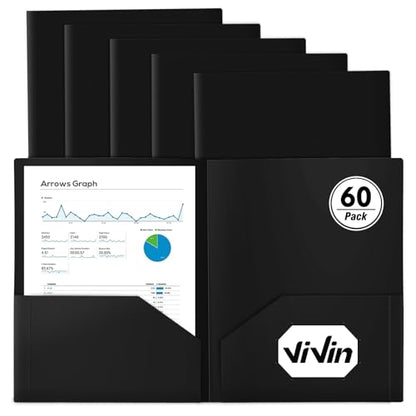 ViVin 60-Pack Black Plastic Folders with Pockets, 8.5 x 11 Inch Letter Size, Modern Style, 2 Pocket Folders for School, Home, Office - color: Black, size: 60 PACK