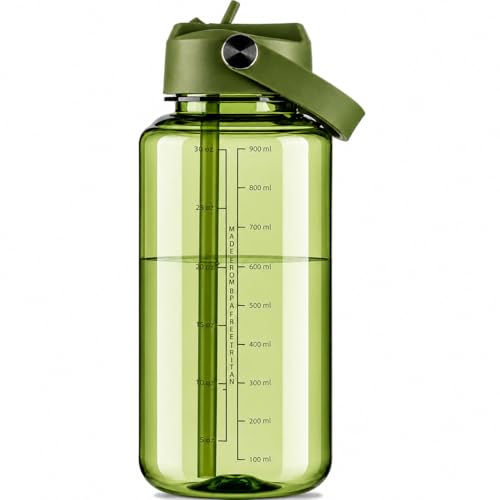 OLDLEY 32oz Water Bottle with Straw,Leakproof Tritan Clear Bottle with Marked Bottle and Carry Handle, BPA-Free Wide Mouth Reusable Sports Bottle for Gym,Hiking,Camping,Travel,Workout,Army Green - color: Army Green