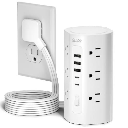 6.5Ft Extension Cord Power Strip Tower with Multiple Outlets, Flat Plug Power Tower 1700J Surge Protector, 12 AC Outlets 5 USB Ports (2 USB C), Desk USB Charging Station, Home Office Dorm Room, White - color: White, size: 6.5 FT