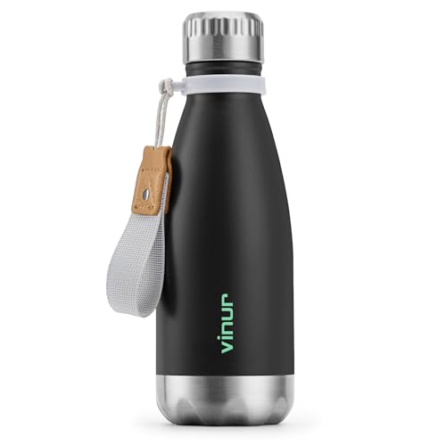 Small Water Bottle-12 oz Leak Proof Insulated Water Bottle with Carry Rope | Double Wall Vacuum Insulated Water Bottle for Travel, School, Cola Shape Flask with Carry Rope for Boys and Girls (Black) - color: Black, size: 12 Ounces