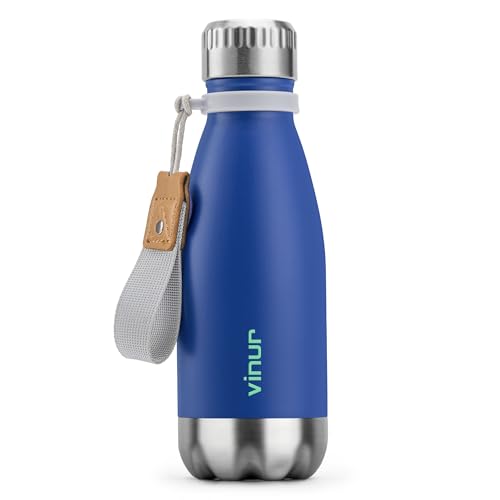 Small Water Bottle-9 oz Leak Proof Insulated Water Bottle with Carry Rope | Double Wall Vacuum Insulated Water Bottle for Travel, School, Cola Shape Flask with Carry Rope for Boys and Girls (Navy) - color: Navy, size: 9 Ounces