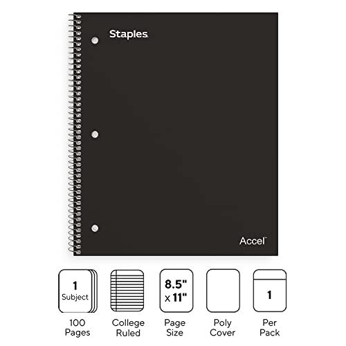 STAPLES Accel 1‑Subject Notebook, 8.5” x 11”, College Ruled, 100 Sheets, Black