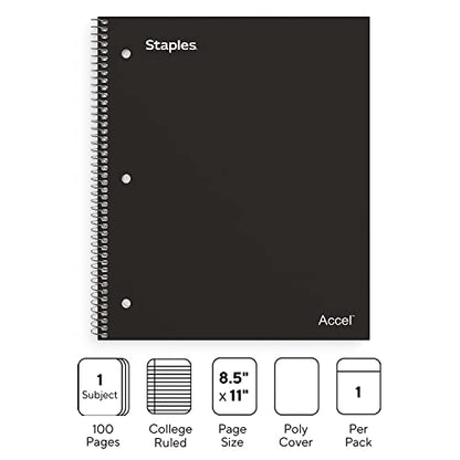STAPLES Accel 1‑Subject Notebook, 8.5” x 11”, College Ruled, 100 Sheets, Black