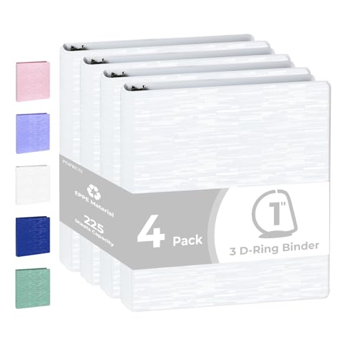 POPRUN D Ring Binder 1 Inch, 3 Ring Heavy-Duty PVC-Free (Fit 225 ct. 8-1/2"x11" Paper), 4 Pack with 2 Pockets for School Office Supplies, White - color: White, size: 1 inch
