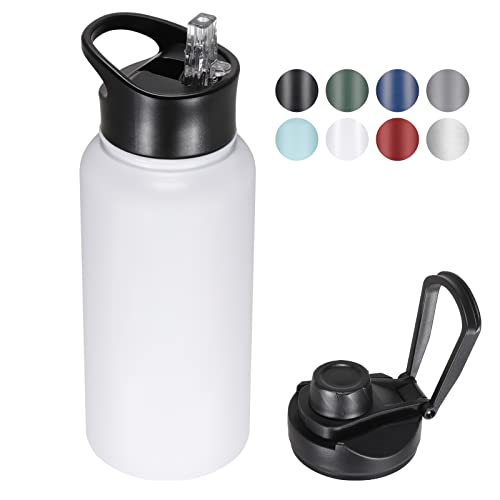 32 oz Insulated Water Bottle with Straw Lid & Wide Mouth Lids, Stainless Steel Sports Water Bottles, Double Walled Vacuum, Leak Proof, White - color: White, size: 32 Ounces