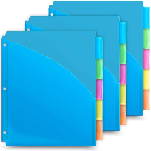 Dunwell 5-Tab Dividers with Pocket for 3-Ring Binders (3 Sets, 15 Count), Plastic One Pocket Dividers with Tabs, Slash File Jackets 3 Hole Punched for 8.5x11 Paper, Poly Pocket Notebook Dividers - size: 3 Sets (15 pcs), style: 1 Pocket