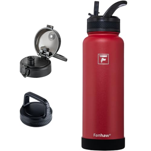 Fanhaw 40 oz Insulated Water Bottle – Stainless Steel Flask with 3 Lids (Straw, Chug, Carabiner) | Durable, Leakproof, for Hiking, Camping, Outdoor Adventures & Travel (Red) - color: Red, size: 40 Ounces