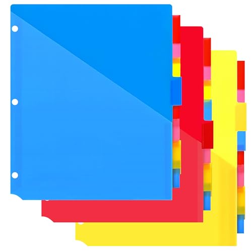 Plastic 8-Tab Dividers with Two Pockets - 3 Sets, Pocket Dividers for 3-Ring Binders, Multi-Color Binder Dividers, Total 24 Tabs - color: 4 Bold Colors - Translucent Double Pockets, size: 24 Tabs