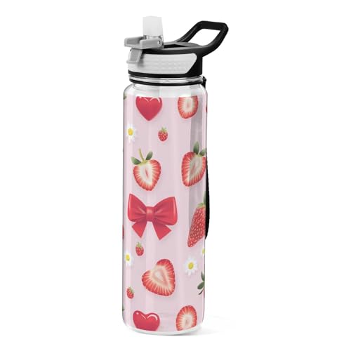 ALAZA Strawberry Water Bottle with Straw,Leakproof Tritan Clear Sports Water Bottle Pink Kids Water Bottle for School Outdoor Sports Drinking,32 oz - color: Strawberry, size: Large