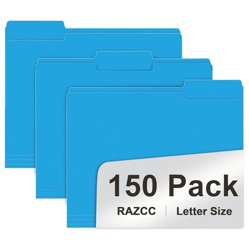 File Folder, RAZCC 150 Pack 1/3 Cut Tab File Folders Letter Size, Blue, Colored Folders with Tab Great for Organizing and Easy File Storage - color: Blue