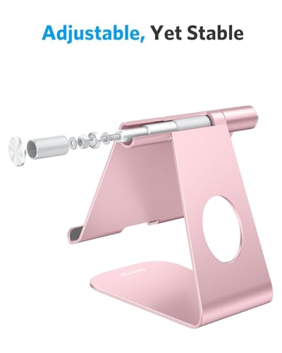 OMOTON T1 Adjustable Tablet Stand for Desk, Aluminum Holder Rose Gold | Solid Metal Build | Charging Cutout | Anti-Slip Silicone Pads | Multi-Angle Adjustable | Fits 3.5-12.9" | Holds Thick Cases - color: Rose Gold