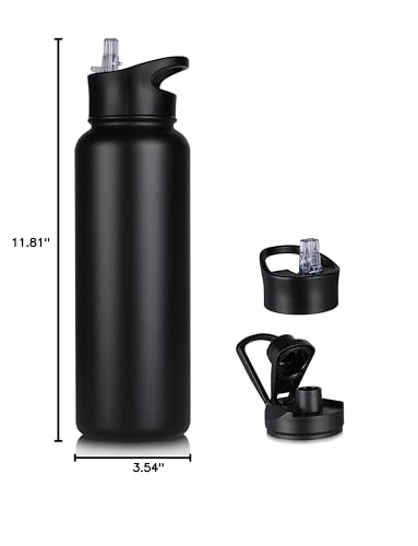40 oz Insulated Water Bottle with Straw, Stainless Steel Sports Water Bottles with 2 Lids (Straw and Wide Mouth lid), Double Wall Vacuum, Leakproof, BPA-Free, Black - color: Black, size: 40 Ounces