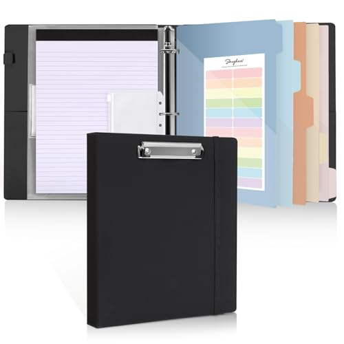 SKYDUE 3 Ring Binder with Clipboard, 13.2" × 10.2" Faux Leather 1 Inch Binder Organizer with 5 Pocket Dividers, Notepad, Labels & 2 Storage Pockets for Teachers, Students, Nurses & Office Work - color: Black, size: Letter Size - 1 Inch
