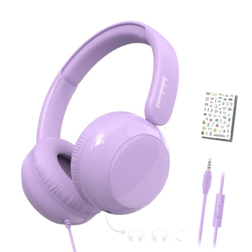 Kids Headphones with Cord, Wired Headphones for Kids with Microphone, Volume Limit, 3.5mm Jack, Shareport, Stereo Sound Boys Girls Sticker Crafting Headset for School/Tablet/iPad - color: Purple
