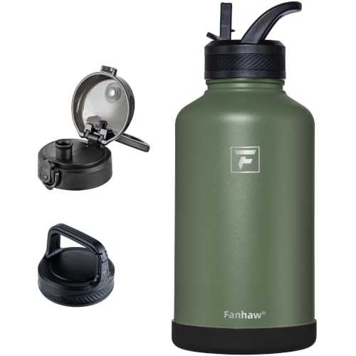 Fanhaw 64 oz Insulated Water Bottle – Large Stainless Steel Jug with 3 Lids (Straw, Chug, Carabiner) | Heavy-Duty, for Camping, Backpacking, Long Hikes & Outdoor Work (Olive Green) - color: Olive Green, size: 64 Ounces