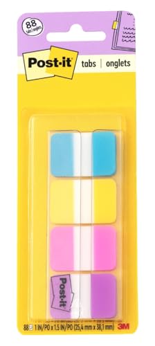 Post-it Sticky Tabs, 1 in. x 1.5 in., 4 Pads of Book Tabs in Assorted Bright Colors for Bookmarking, Annotating, Reading, and Reminders, Blue, Yellow, Pink, and Purple (88 Total Count)