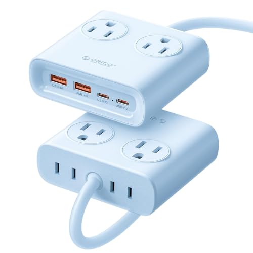 ORICO Power Brick, 25W GaN Power Strip, 8-in-1 Desktop Charging Station with 4 AC Outlets, 2 USB-C, 2 USB-A Ports, 5ft Extension Cord, Ultra Thin Flat Plug for Travel Office ETL Listed-PDC (1 PC) - color: Blue（25W)