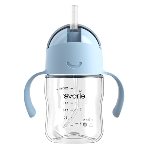 Evorie Tritan Weighted Straw Cup Baby Training Cup, Spill Proof, 7 Oz, 6M+ | BPA & BPS-Free, First learning cup, 360° drinking, Dishwasher safe, Durable Sippy Cup, Blue - color: Blue