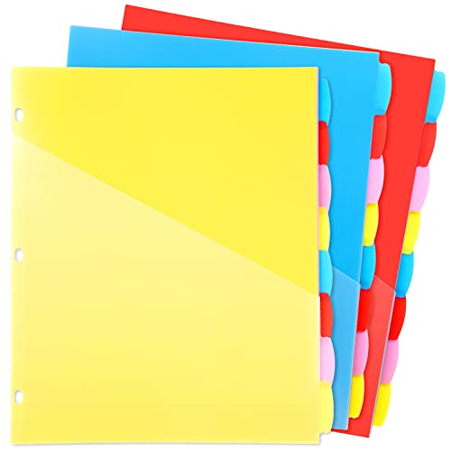 WOT I Plastic 8-tab Dividers with 2 Clear Pockets - 3 Sets, Binder Dividers for 3 Ring Binder, Bright Multicolor, Total 24 Tabs - color: Blue,pink,red,yellow - Double-side Pockets, size: 24 Tabs