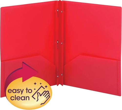 Smead Poly Two-Pocket Folder, Three-Hole Punch Prong Fasteners, Letter Size, Red, 6 Count (87727) - color: Red