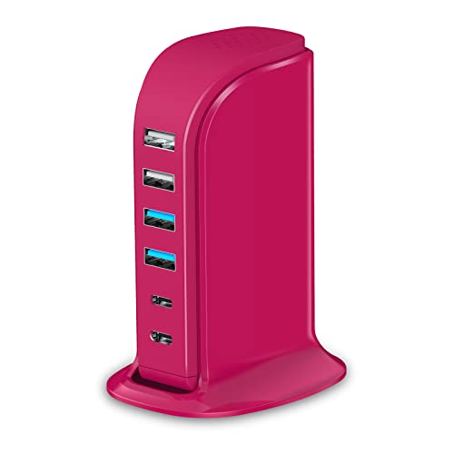 USB Charging Station Multiports Upoy, Charging Hub 6 Ports Dual Type-C, USB Tower Fast Charging for Tablets, Cellphones, Smart Watch, and More Electronic Gadgets, Portable Design, Travel Essentials - color: pink usb c charger block