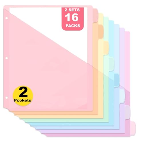 8-Count Binder Dividers with Two Pockets, 8 Tabs, 3-Hole Punched, Multicolor Plastic Index Dividers — Durable, Tear-Resistant, Insertable Labels — Fits Standard 3-Ring Binders(Pink,2sets) - color: Pink, size: 2sets