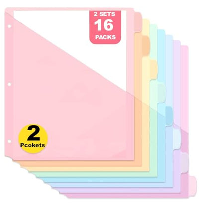 8-Count Binder Dividers with Two Pockets, 8 Tabs, 3-Hole Punched, Multicolor Plastic Index Dividers — Durable, Tear-Resistant, Insertable Labels — Fits Standard 3-Ring Binders(Pink,2sets) - color: Pink, size: 2sets