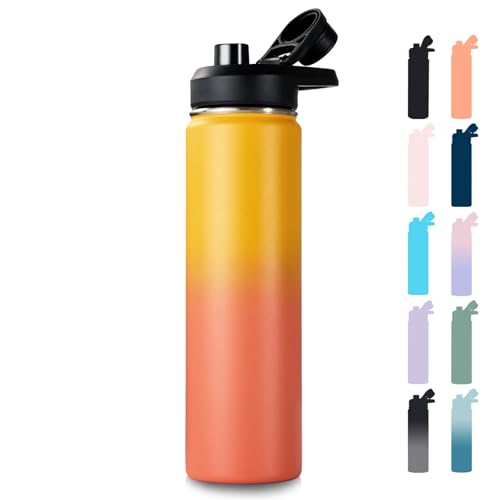 Fijinhom Insulated Water Bottle with Handle, 304 Stainless Steel Water Bottles with Wide Mouth, Double Wall Vacuum Sports Water Bottle, BPA Free, Keep Cold and Hot, 24 Ounces, Yellow&Orange - color: Yellow Orange, size: 24 Ounces