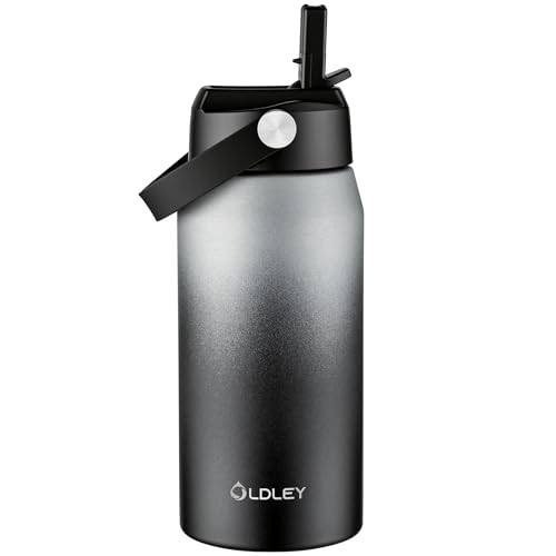 Oldley 18oz Insulated Water Bottle with Straw, Stainless Steel Water Bottle for Sports, Travel, School, BPA-Free Sports Bottles for Adult Kids, Leak-Proof, Gray-Black - color: Gray/Black, size: 18 Ounces