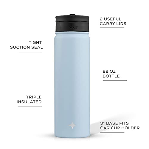 JoyJolt Triple Insulated Water Bottle with Straw Lid AND Flip Lid! 22oz Water Bottle, 12 Hour Hot/Cold Vacuum Insulated Stainless Steel Water Bottle. BPA-Free Leakproof Water Bottles - Thermos Bottle - color: Cloud Blue, size: 22 Ounces