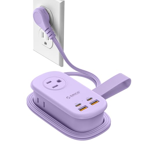 ORICO 65W GaN Travel Power Strip with 7-in-1 Charging Ports (3 AC Outlets/2 USB-A/2 USB-C), Flat Plug and 4FT Extension Cord, Fast Charger for MacBook Pro/Air, iPad Pro, iPhone 17/16/15- AP3 - color: Purple