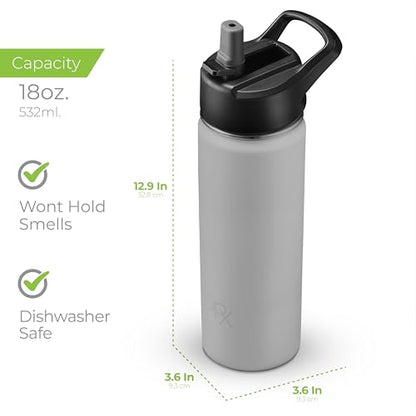 SipX™ 18 oz Insulated Water Bottle with 3 Lids – Leakproof Stainless Steel, Triple Insulated – Cold 24 Hours/Hot 12 Hours – Durable Bottle for School, Gym, Travel – Grey - color: Gray, size: 18 Ounces