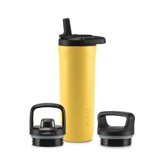 ZULU Base 18oz Kids Stainless Steel Water Bottle with 3 Lids- Straw, Chug, Twist | Double Walled and Vacuum Insulated Metal Thermos | Fits Car Cupholder, Built in Carry Loop, Dishwasher Safe, Vitamin - color: Vitamin C, style: 18oz