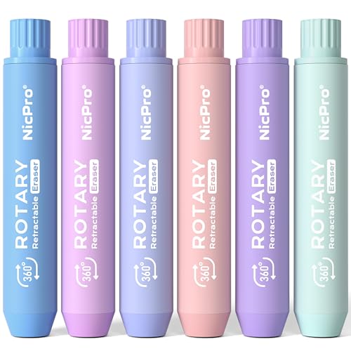 Nicpro 6 Pack Rotary Retractable Erasers, Soft TPE Rubber Twist Large Pencil Erasers in Cute Macaron Colors, Clean-Erasing Eraser for Kids & Students, School Office Supplies Stationary Set - color: Macaron