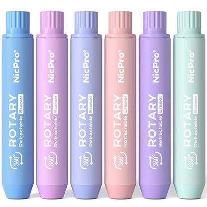 Nicpro 6 Pack Rotary Retractable Erasers, Soft TPE Rubber Twist Eraser | Large Pencil Erasers in Cute Macaron Colors, Clean-Erasing Eraser for Kids & Students, School Office Supplies Stationary Set - color: Macaron