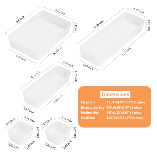 5PCS Frosted Plastic Drawer Organizers Set, 4 Sizes Desk Drawer Divider Organizers and Storage Bins Separation Box for Makeup, Jewelries, Gadgets, Bathroom, Kitchen, Office, Bedroom, Dresser