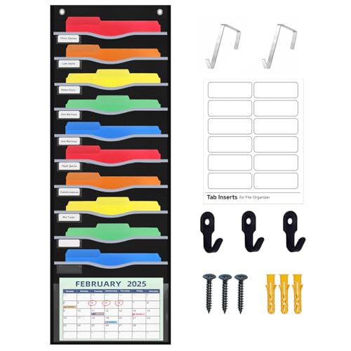 ALSLEA 11 Pockets Hanging Wall File Organizer 15" Extra Wide Pocket Chart for Classroom, Office, Home, Mail Organizer Wall Mounted with 1 Writable Clear Pocket, 5 Wall/Door Hooks & 12 Labels (Black) - size: Large (11 Pockets)
