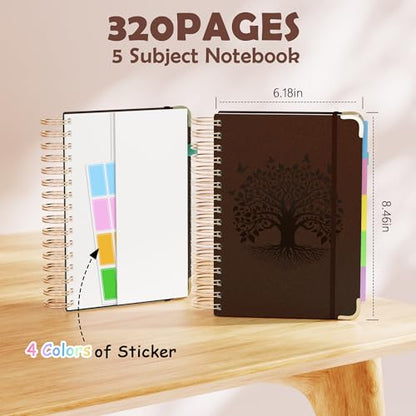 QIYVLOS Hardcover Spiral Notebook, A5 Journal with Removable Dividers Tabs, 5 Subject Notebook College Ruled, 320 Pages 6"x8" Leather Notebooks for Work School Study, Lined Journal for Women, Brown - color: A5/Brown