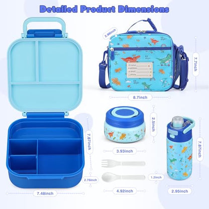 Bento Lunch Box for Kids with 7oz Soup Thermo,Insulated Stainless Steel Kids Water Bottle with Straw and Insulated Lunch Bag,Leak-Proof Lunch Food Container with Ice Pack for School(Blue-Dinosaur) - color: Blue-Dinosaur