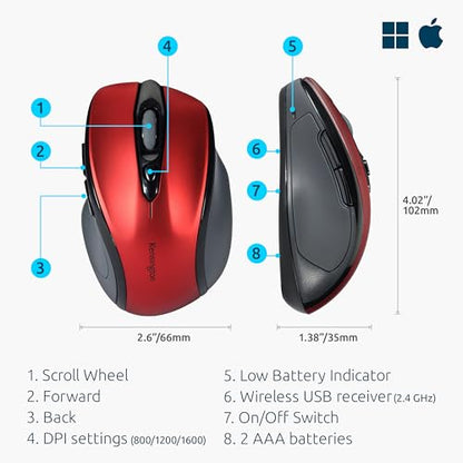 Kensington Pro Fit Mid-Size Wireless Mouse, Ruby Red (K72422AM) | Comfortable mid-size grip, wireless connection, reliable everyday desktop and laptop use - color: Ruby Red