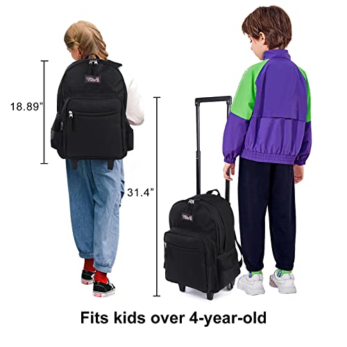Tilami Rolling Backpack 18 inch Double Handle Wheeled Laptop Boys Girls Travel School Children Luggage Toddler Trip, Black - color: Black