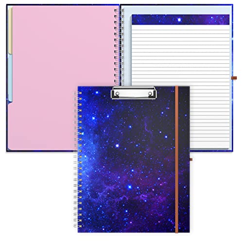 Rimilak Spiral Clipboard Folio with Refillable Lined Notepad, 14.5 x 9.8 In, Hardcover Cover with 5 Interior Pockets, Elastic Band and Pen Loop Series. Cute Stylish Clipfolio, Purple Nebula - color: Purple Nebula