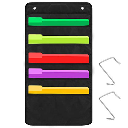 Heavy Duty 5 Pocket Door Hanging File Organizer, Black Wall Storage Pocket Charts with 2 Hangers, Great for Classroom, School, Home or Office Use (5 Pocket) - size: 5 Pocket