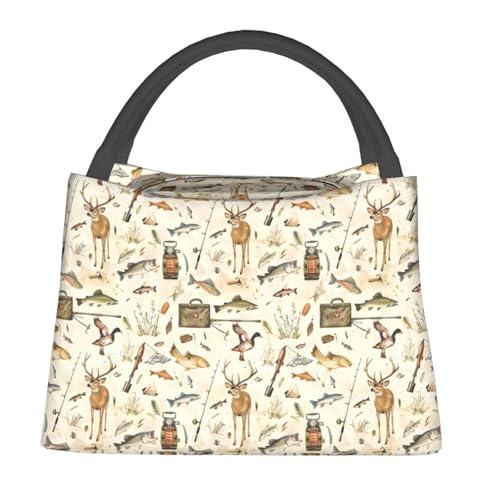 Hunting Fishing Reusable Lunch Box, Wildlife Lunchbox for Boys Girls, Insulated Lunchbag, 11in*6.3in*6.7in, Gifts Makeup Bag, Portable Handbag for School Picnic Work Travel Beach or Hiking - color: Fishing