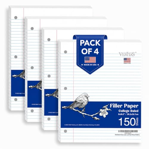 WritePads College Ruled Loose Leaf Paper, 600 Sheets Bulk Notebook Paper, 8"x10-1/2" 3 Hole Punched Filler Paper, Fits Standard 3-Ring Binder, 65lb Thick Paper, Made in USA - color: College Ruled Filler Paper, size: 4 Pack (600 Sheets)