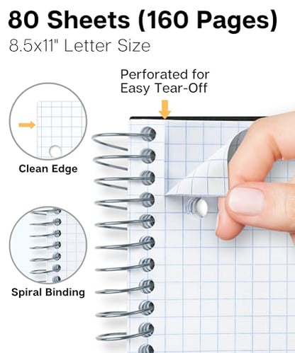 Dunwell Graph Paper Notebook 8.5 x 11, Plastic Cover, 80 Sheets, 4x4 Ruled, 1 Subject Spiral 1/4 Inch Grid Graphing Notebook, Divider with Pockets, Perforated Pages, 3-Hole Punched - size: 8.5x11", style: Graph Ruled