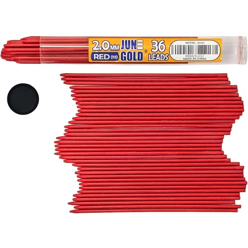 June Gold 36 Red (Strawberry #113) Colored 2.0 mm Refills, 90 mm Length | Bold Thickness for Heavy Use, Break / Smudge Resistant Lead, Travel Carrying Tube, Pre-Sharpened - color: Red (Strawberry #113)