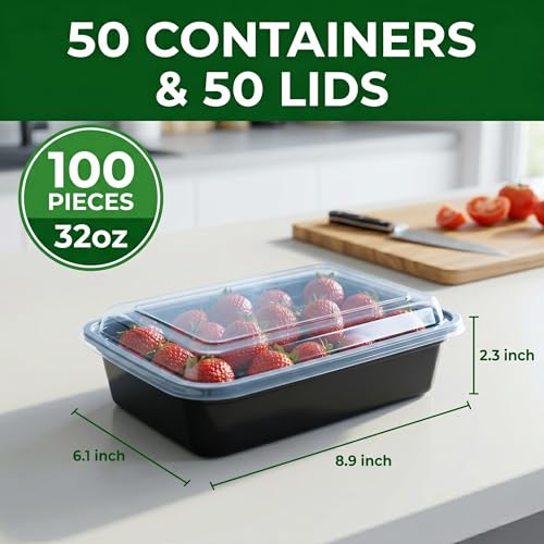 Meal Prep Containers 50 Pack with Lids, 32 Oz Food Storage Containers, BPA Free Reusable Plastic Boxes, Leakproof Microwave Freezer Dishwasher Safe for Home & Office - size: 32 oz